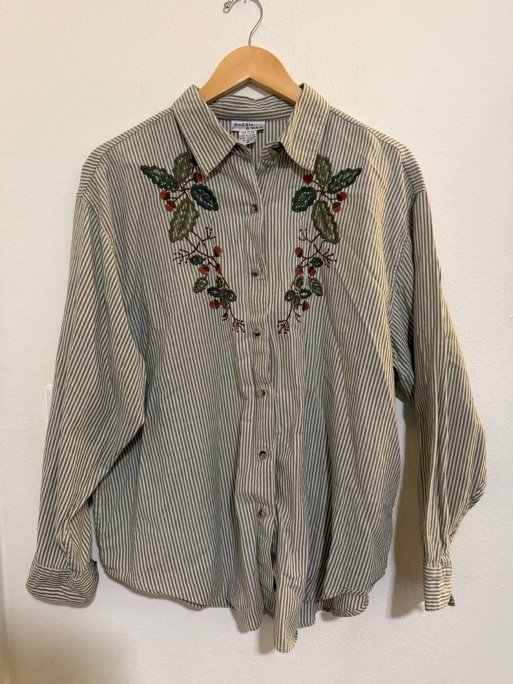 Embroidered Green Stripe Button-Down Shirt